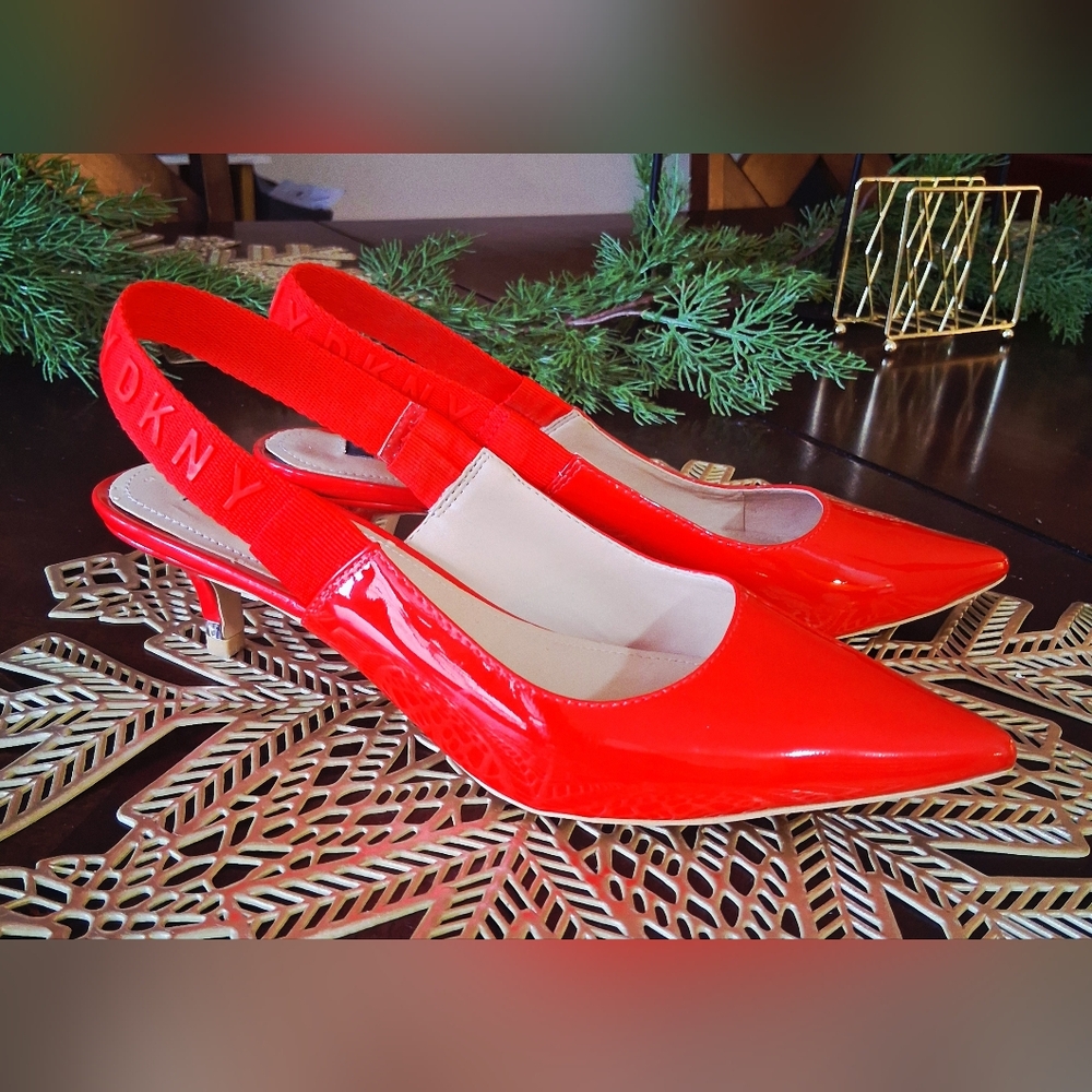 DKNY Dorris Red Leather Slingback Kitten Heels Size 8